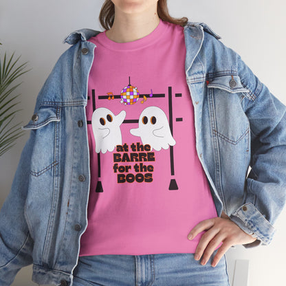 “At the Barre for the Boos” Dance Halloween T-Shirt with Cute Ghost Ballet Graphics - Unisex Heavy Cotton Tee