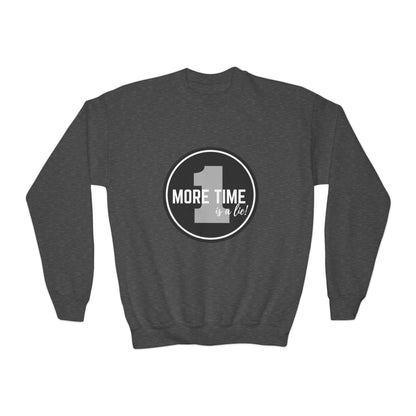 "One More Time Is a Lie" – Bold Dance Quote Youth Crewneck Sweatshirt | Funny Rehearsal Kids Pullover