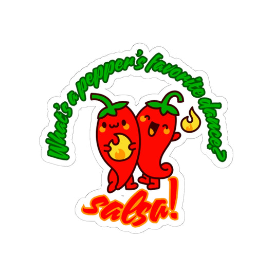 "What's a Pepper's Favorite Dance? Salsa!" Sticker – Funny Dance Pun Kiss-Cut Vinyl Sticker with Cute Pepper Graphic