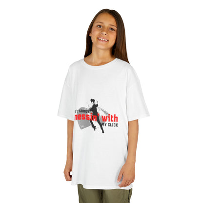 "Ain’t Nobody Messin’ With My Click" – Youth Short Sleeve Dance Tee with Tap Shoes & Tap Dancer Graphic