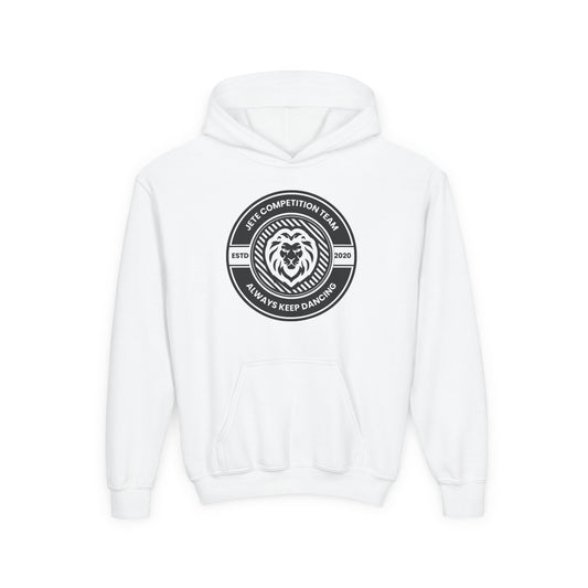 "Jeté Competition Team - Always Keep Dancing" Youth Hooded Sweatshirt – Bold Collegiate Emblem Dance Graphic Hoodie for Kids and Teens