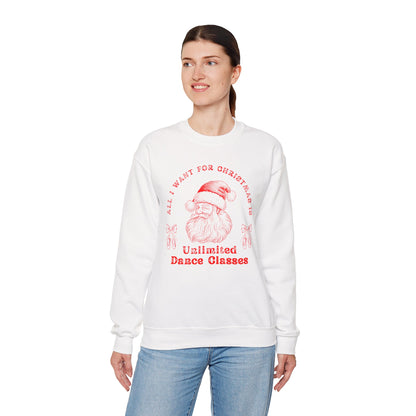 “All I Want for Christmas Is Unlimited Dance Classes” ADULT SWEATSHIRT Unisex Heavy Blend Crewneck with Vintage Santa – Festive Holiday Dance Sweatshirt for Dancers & Studios