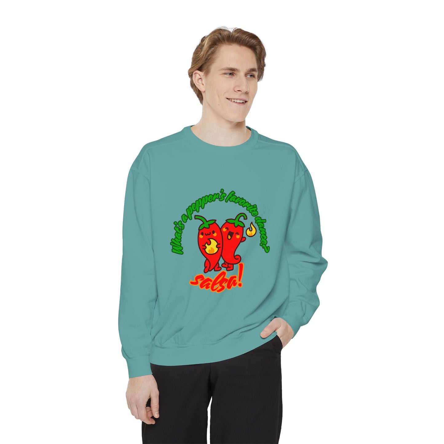 "What's a Pepper's Favorite Dance? Salsa!" Unisex Lightweight Crewneck Sweatshirt – Fun Dance Pun Pullover with Cute Pepper Graphic for Dancers & Food Lovers