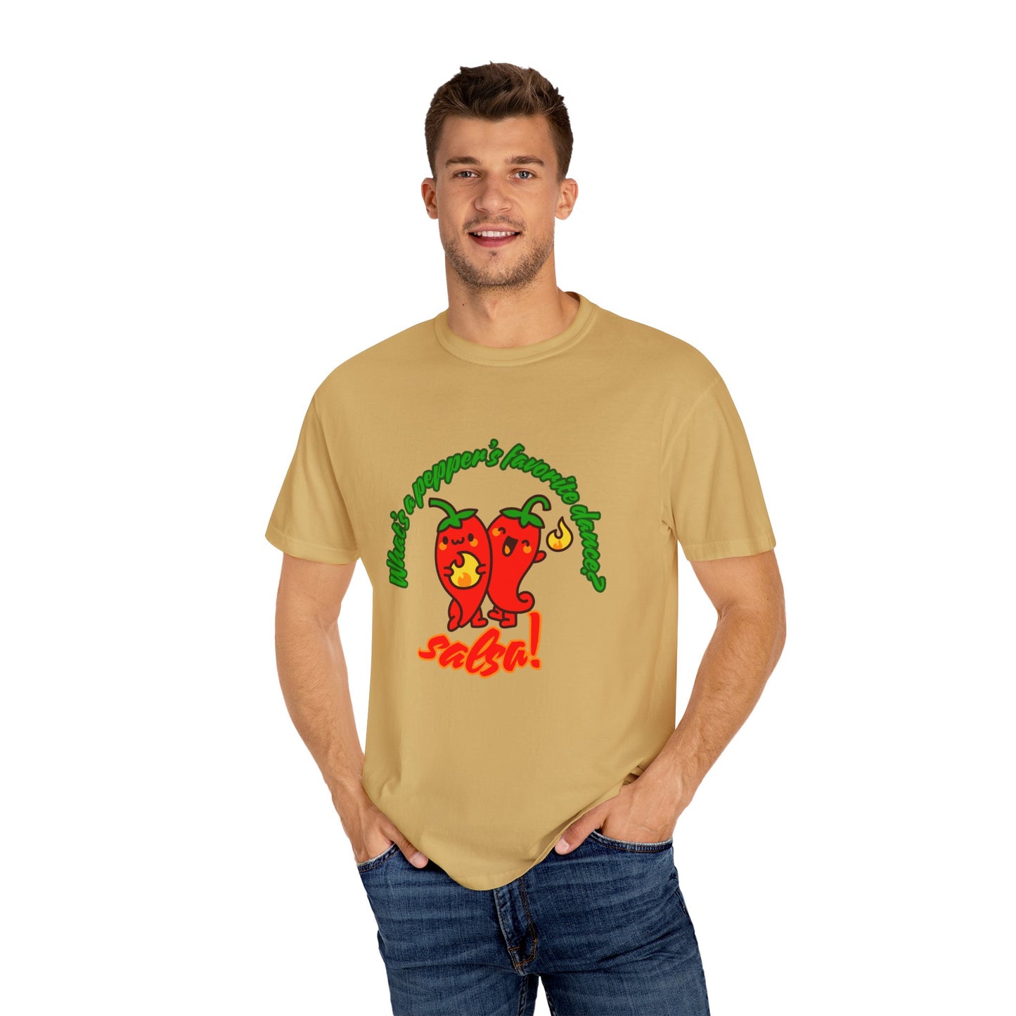 "What's a Pepper's Favorite Dance? Salsa!" Dance Pun Unisex Garment-Dyed T-Shirt – Funny Dance Joke Tee with Cute Pepper Graphic – Dance Humor Shirt for Food & Pun Lovers
