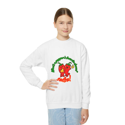 "What's a pepper's favorite dance?  Salsa!" – Funny Dance Pun Youth Crewneck Sweatshirt | Cute Pepper Graphic Kids Pullover for Dancers