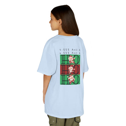 “5-eee and a 6-eee and a Ho, Ho, Ho” YOUTH Short Sleeve Tee with Playful Dancing Santa Front & Back – Festive Christmas Dance Tee for Dancers & Studios