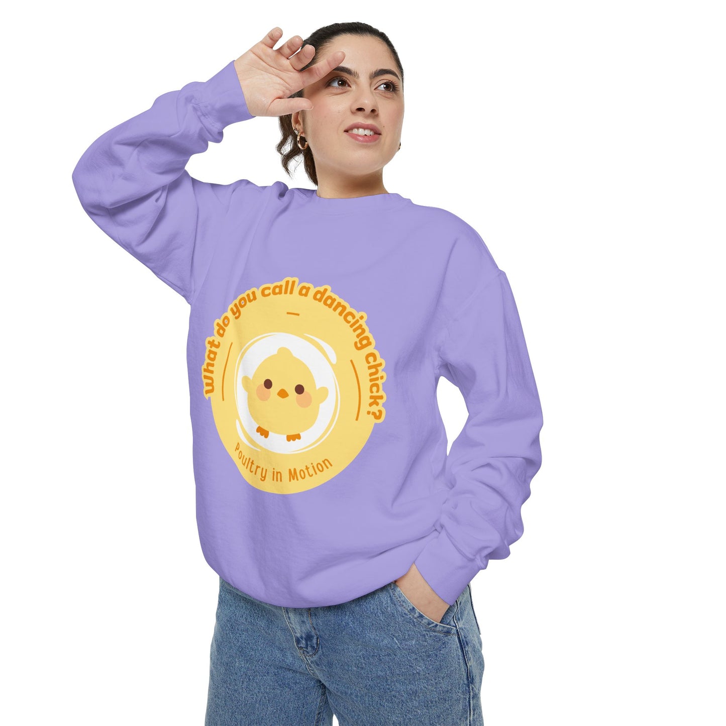 "What Do You Call a Dancing Chick? Poultry in Motion" Unisex Lightweight Crewneck Sweatshirt – Funny Dance Pun Pullover with Colorful Text Graphic for Dancers & Humor Lovers