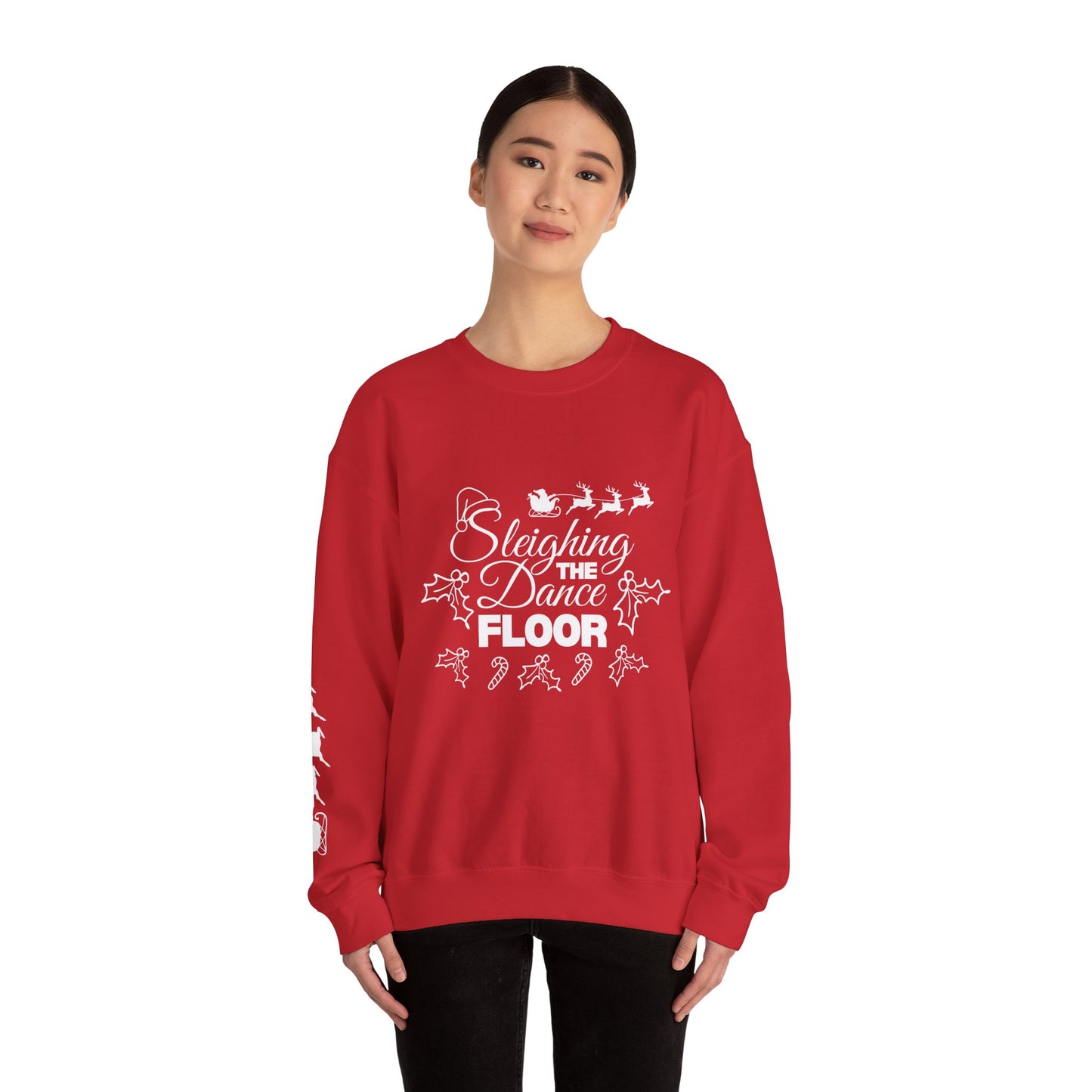 “Sleighing the Dance Floor” ADULT SWEATSHIRT Unisex Heavy Blend Crewneck – Festive Christmas Dance Sweatshirt with Santa’s Sleigh & Reindeer Arm Design, Perfect for Dancers & Studios