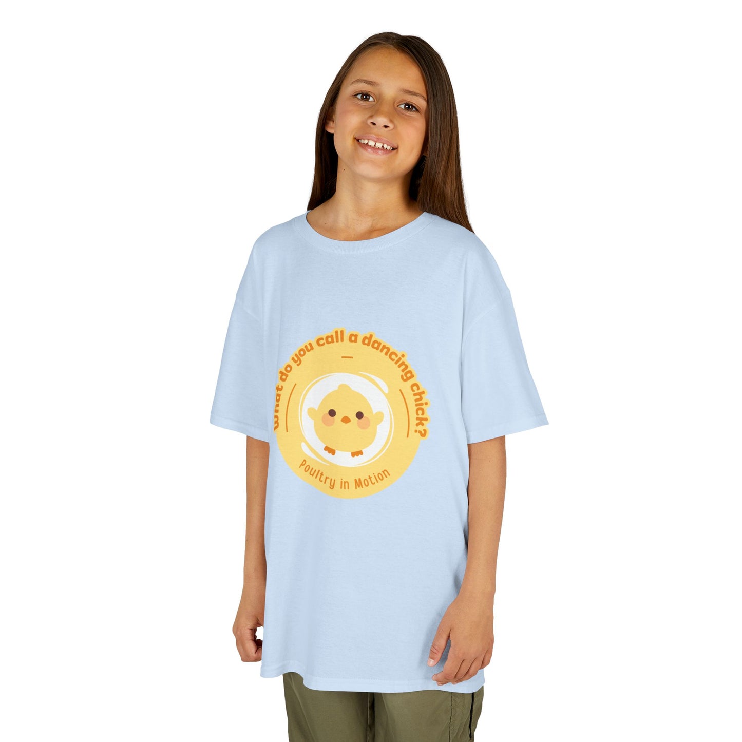 “What do you call a dancing chick? Poultry in Motion” Funny Chick Dance Tee for Kids – Cute Chicken Graphic - Youth Dance Pun T-Shirt
