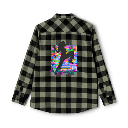 Levels Premium Collection Flannel Shirt – Unisex Streetwear Button-Up with "Levels Pictures Textures" Front Text and Bold Dancer Silhouette Back Graphic