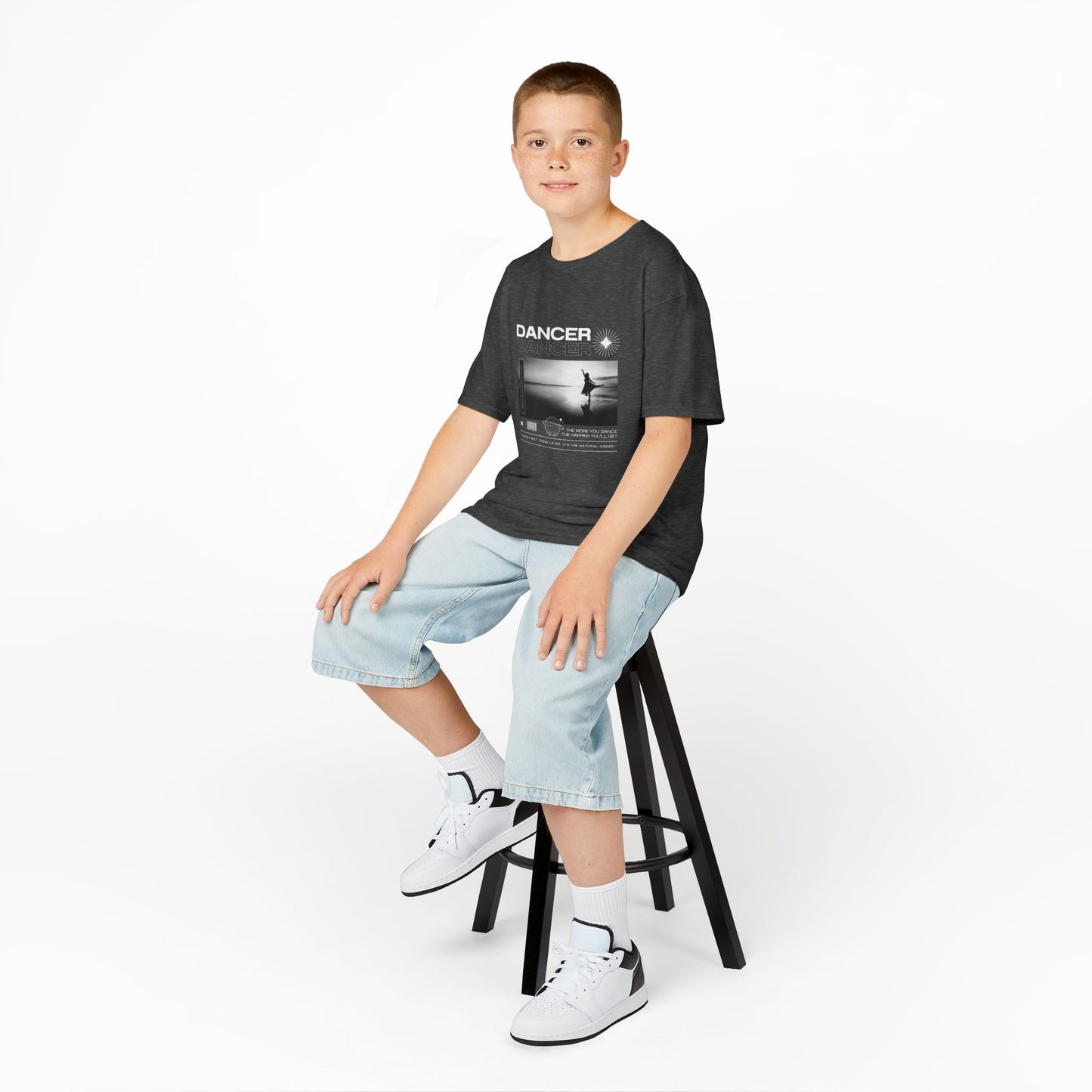 "Dancer" Arabesque on the Beach – Youth Short Sleeve Dance Tee in Streetwear-Inspired Style