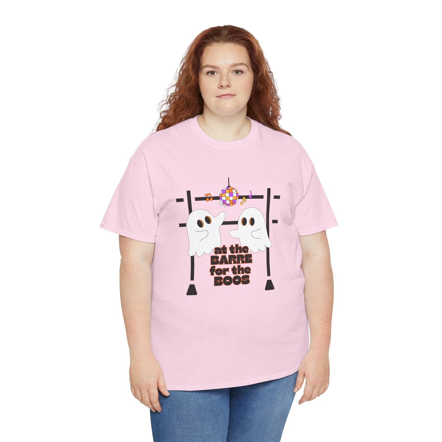 “At the Barre for the Boos” Dance Halloween T-Shirt with Cute Ghost Ballet Graphics - Unisex Heavy Cotton Tee