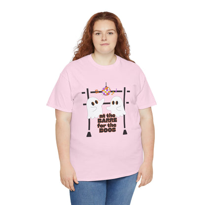 “At the Barre for the Boos” Dance Halloween T-Shirt with Cute Ghost Ballet Graphics - Unisex Heavy Cotton Tee