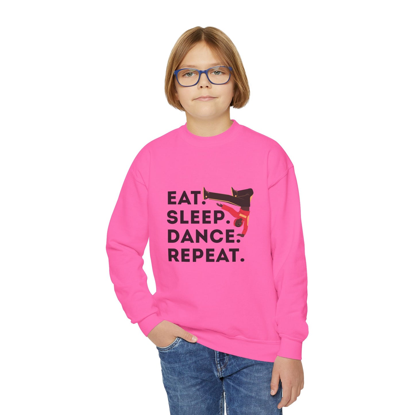 "Eat Sleep Dance Repeat" – Bold B-Boy Graphic Youth Crewneck Sweatshirt | Hip Hop Dance Kids Pullover