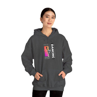 Dancing” Text with Streetwear-Style Female Dancer Graphic - Unisex Heavy Blend™ Hooded Sweatshirt – Cozy Dance Hoodie for Ballet & Hip-Hop Enthusiasts