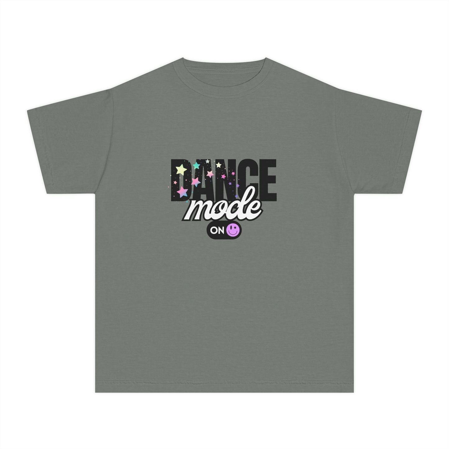 “Dance Mode On" Comfort Colors Youth Midweight  T-Shirt – Pastel Stars & Smiley Face Dance Graphic Tee for Kids