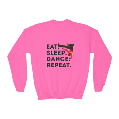 "Eat Sleep Dance Repeat" – Bold B-Boy Graphic Youth Crewneck Sweatshirt | Hip Hop Dance Kids Pullover