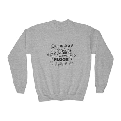 “Sleighing the Dance Floor” YOUTH SWEATSHIRT  Crewneck with Santa’s Sleigh and Reindeer – Festive Christmas Dance Sweatshirt for Kids and Young Dancers