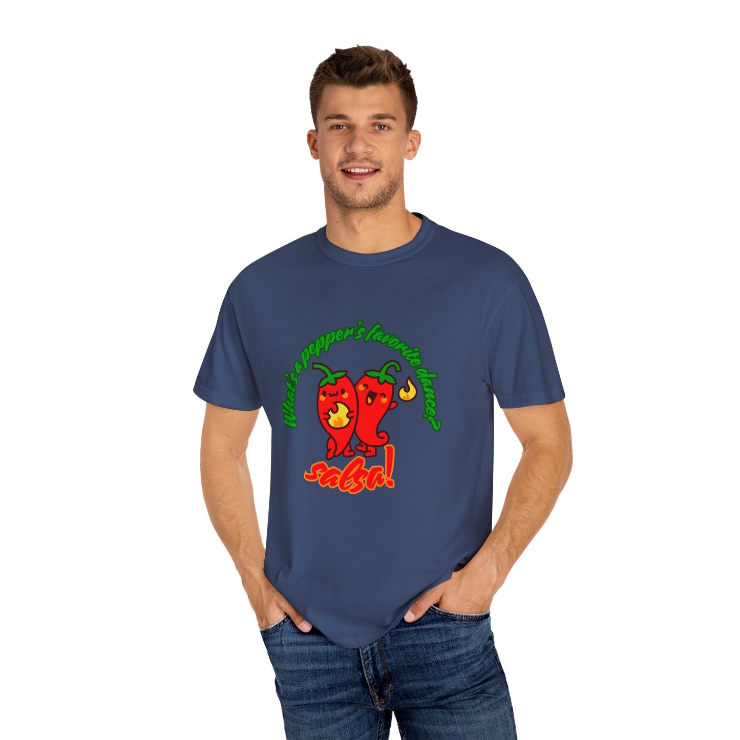 "What's a Pepper's Favorite Dance? Salsa!" Dance Pun Unisex Garment-Dyed T-Shirt – Funny Dance Joke Tee with Cute Pepper Graphic – Dance Humor Shirt for Food & Pun Lovers