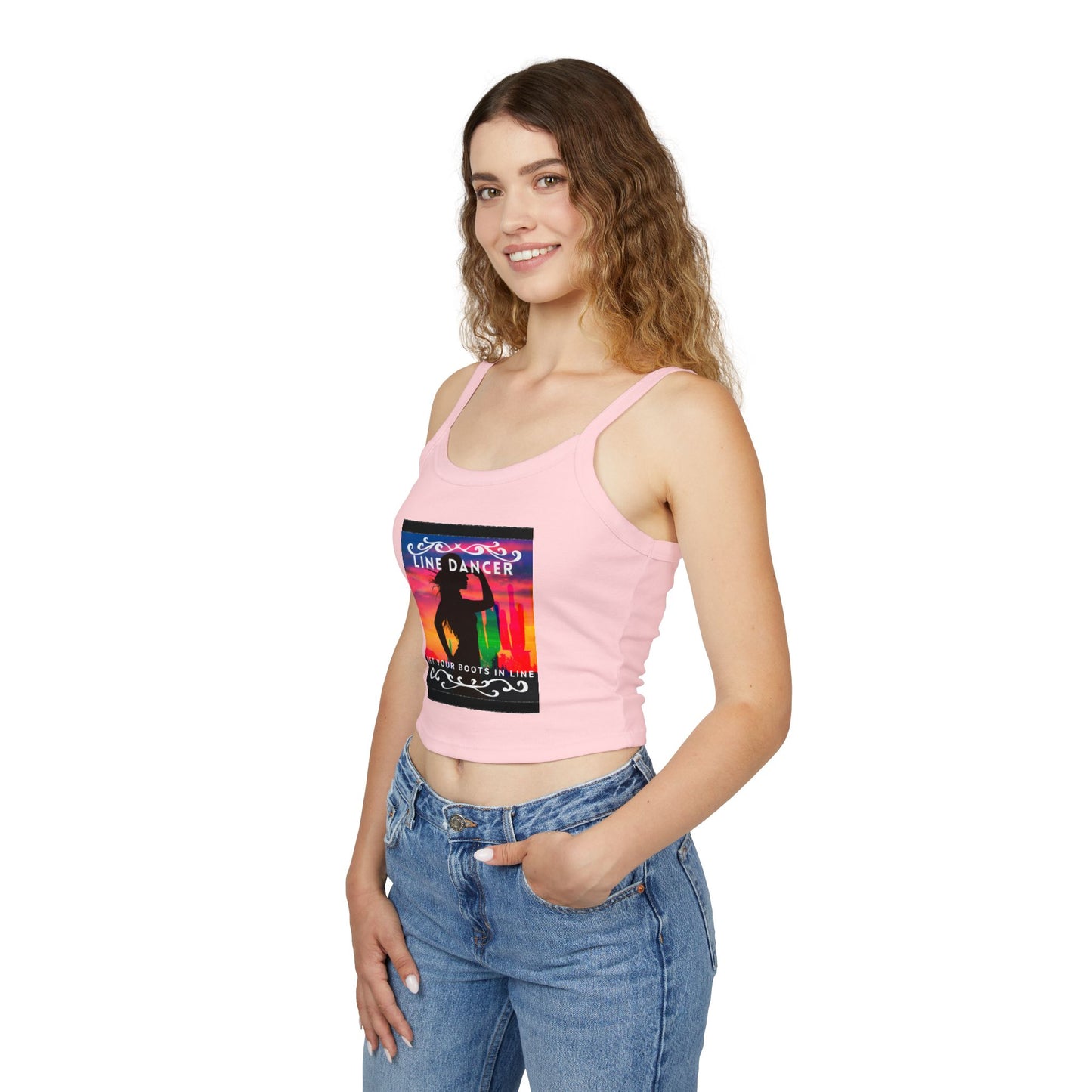 "Line Dancer" Spaghetti Strap Tank Top – Western-Inspired Country Dance Graphic – 'Get Your Boots in Line' Women's Dance Tank