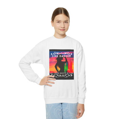 "Line Dancer, Get Your Boots in Line!" Youth Crewneck Sweatshirt – Western-Inspired Dance Graphic – Country Dance Pullover for Kids