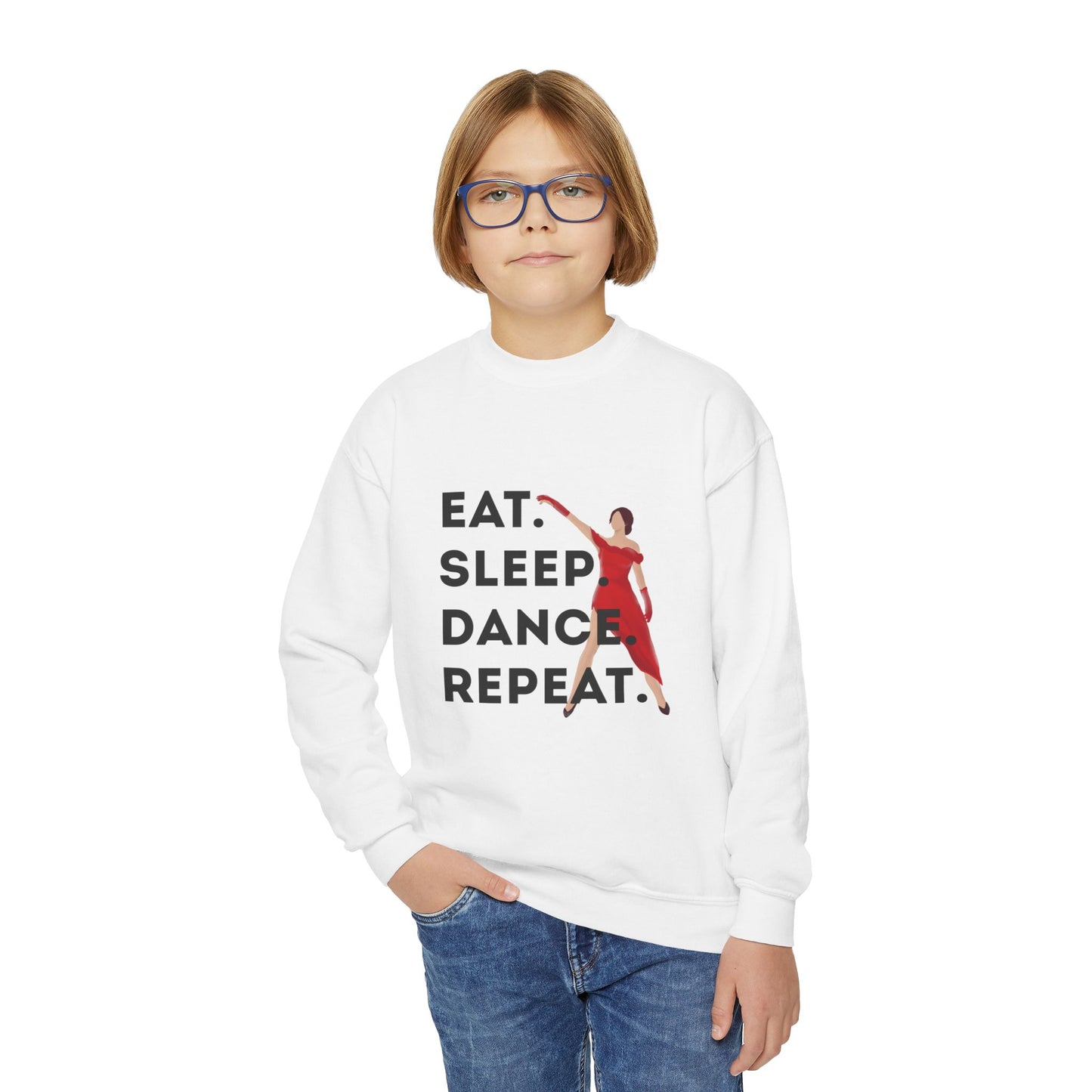 "Eat Sleep Dance Repeat" – Bold Dancer Graphic Youth Crewneck Sweatshirt | Kids Dance Life Pullover