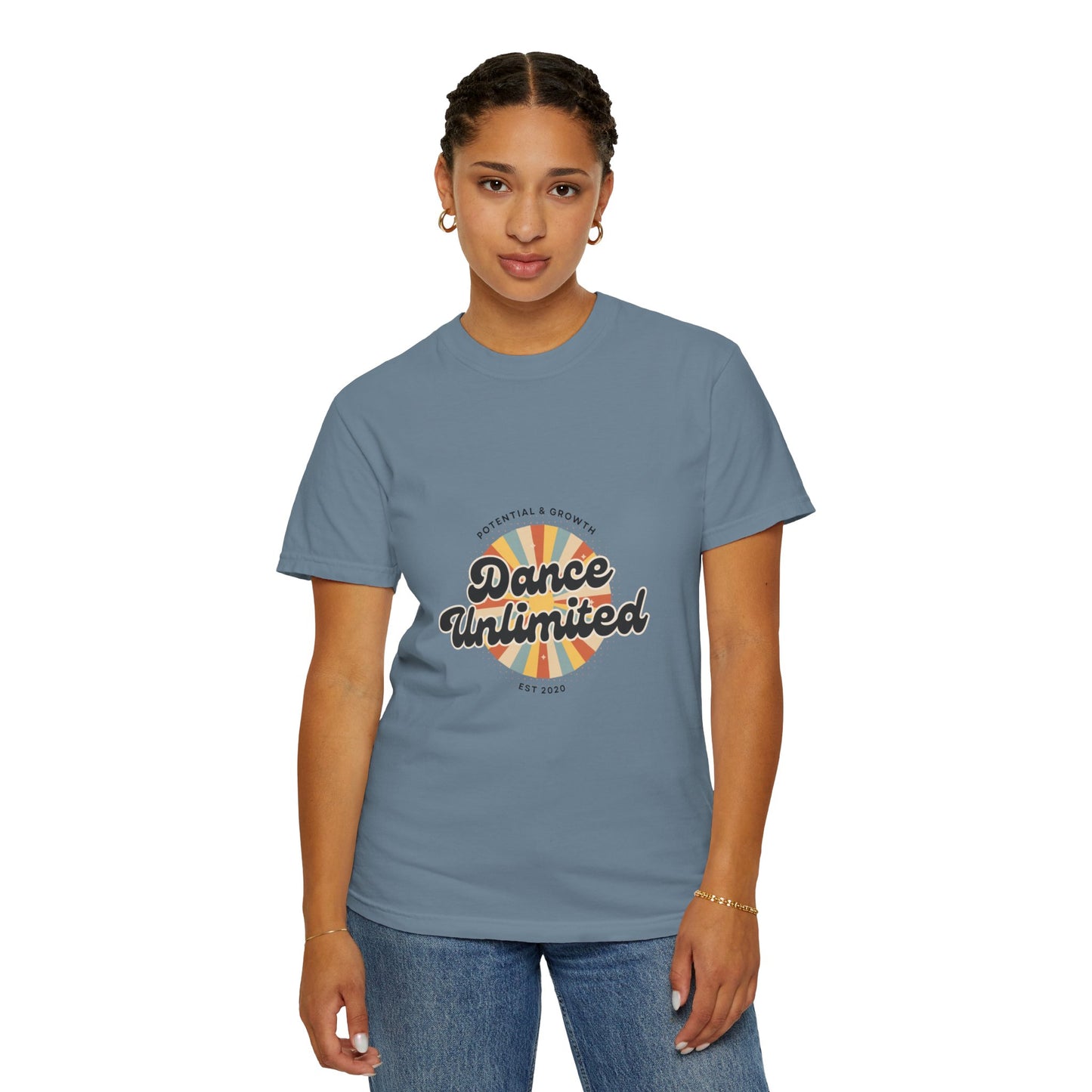"Dance Unlimited, Potential & Growth" Unisex Garment-Dyed T-Shirt – Retro-Inspired Dance Motivation Graphic Tee – Inspirational Shirt for Dancers"
