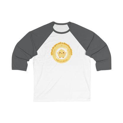 "What Do You Call a Dancing Chick? Poultry in Motion" Unisex 3/4 Sleeve Baseball Tee – Funny Dance Shirt with Cute Chicken Graphic for Dancers