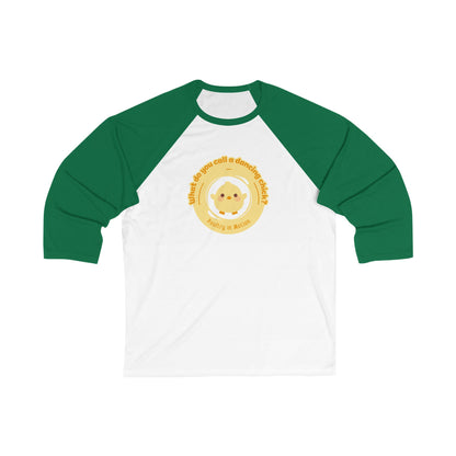 "What Do You Call a Dancing Chick? Poultry in Motion" Unisex 3/4 Sleeve Baseball Tee – Funny Dance Shirt with Cute Chicken Graphic for Dancers