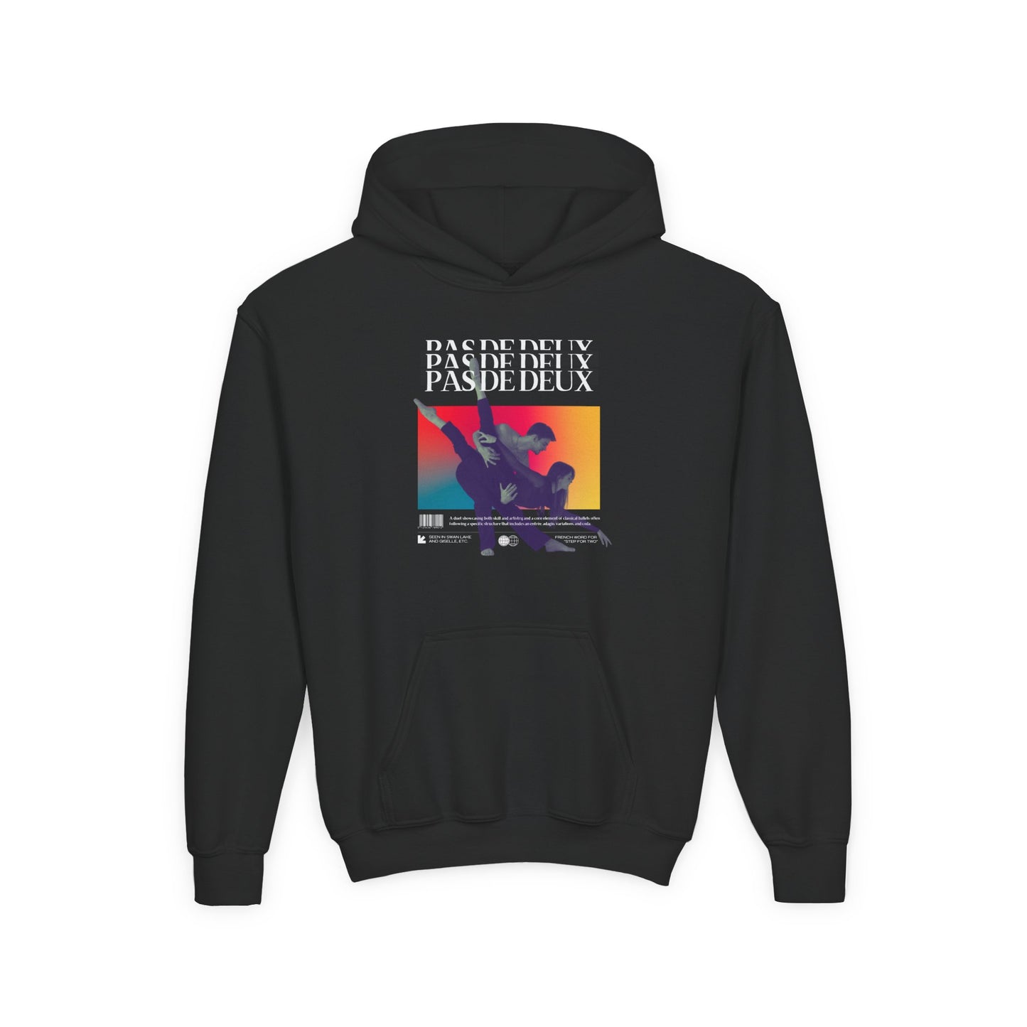 “Pas De Deux” Ballet Term Definition with Pair of Dancers Graphic | Unisex Youth Hoodie – Streetwear-Inspired Ballet Dance Hoodie for Kids & Young Performers