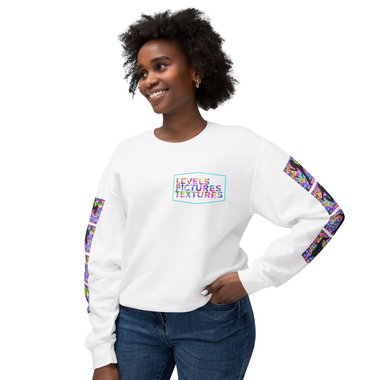 Levels Premium Collection Dance Crewneck Sweatshirt – Vibrant Unisex Streetwear Pullover with "Levels Pictures Textures" Front Text and Dancer Silhouettes on Sleeves