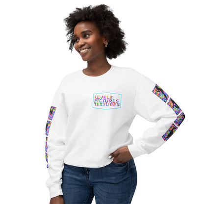 Levels Premium Collection Dance Crewneck Sweatshirt – Vibrant Unisex Streetwear Pullover with "Levels Pictures Textures" Front Text and Dancer Silhouettes on Sleeves