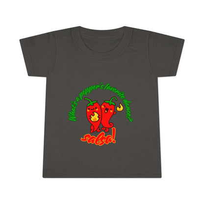 "What Is a Pepper's Favorite Dance? Salsa!" Toddler Dance T-Shirt – Cute Pepper Pun Graphic Short Sleeve Tee for Kids