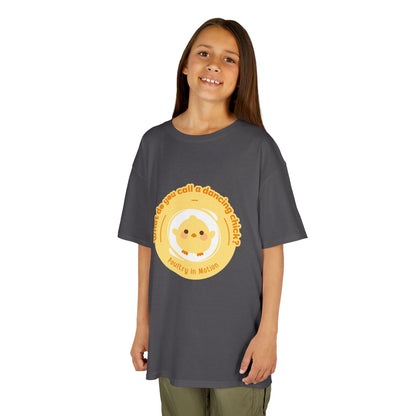 “What do you call a dancing chick? Poultry in Motion” Funny Chick Dance Tee for Kids – Cute Chicken Graphic - Youth Dance Pun T-Shirt