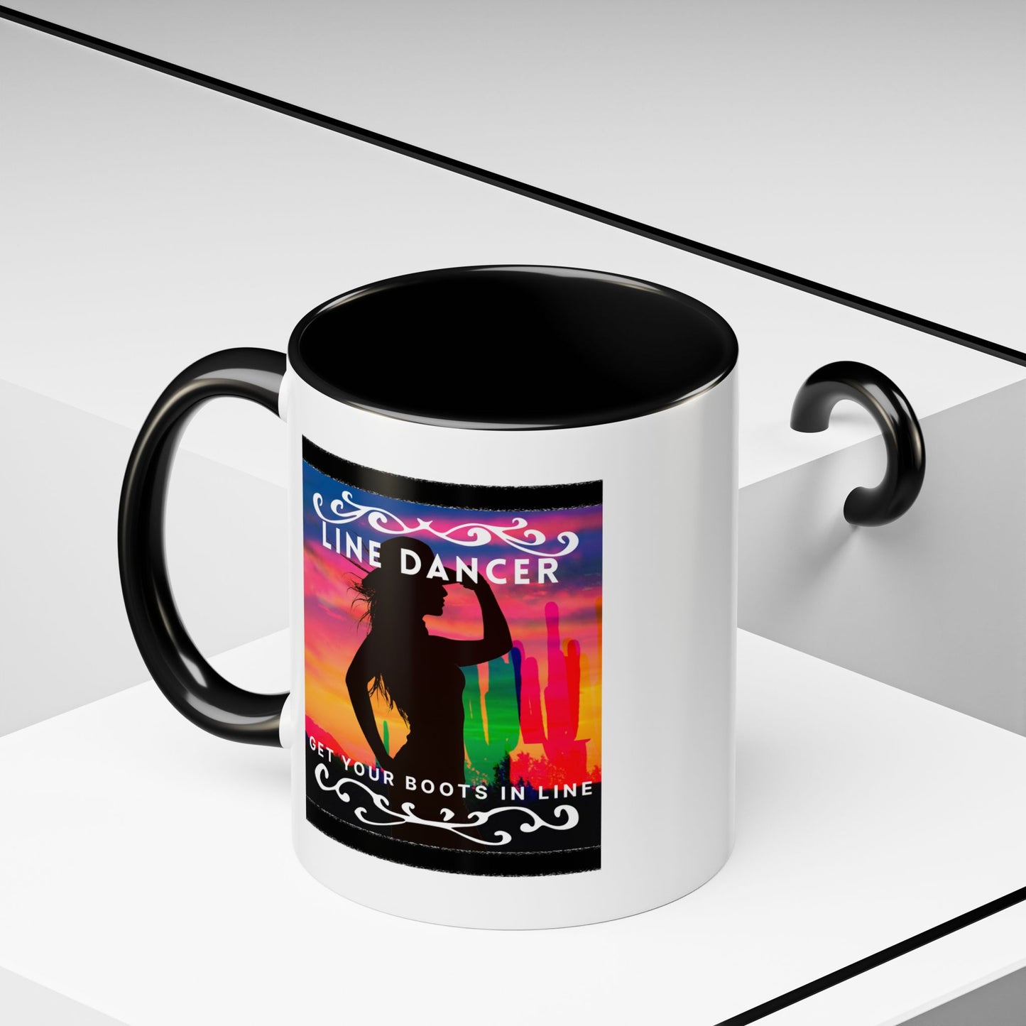 "Line Dancer" Accent Coffee Mug – Cute Cowgirl Graphic Ceramic Mug for Country Dance Lovers