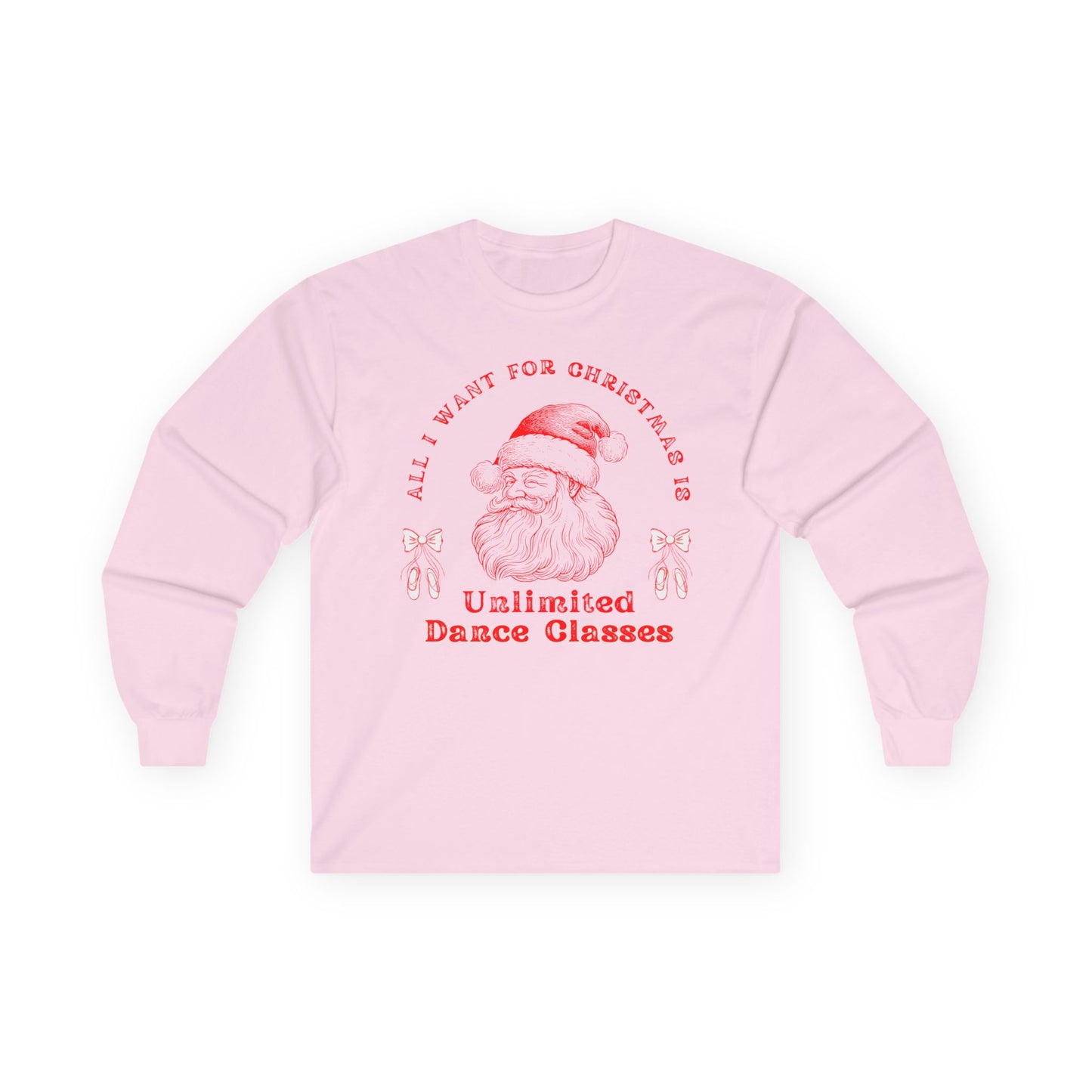 “All I Want for Christmas Is Unlimited Dance Classes” ADULT TEE Unisex Long Sleeve with Vintage Santa – Festive Holiday Dance Tee for Dancers & Studios