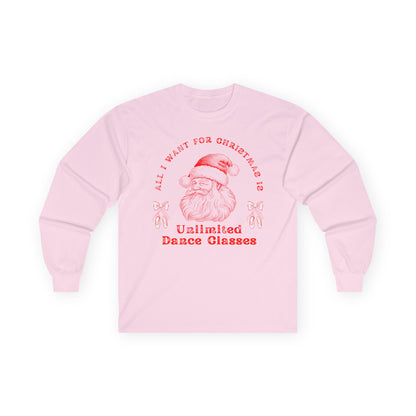 “All I Want for Christmas Is Unlimited Dance Classes” ADULT TEE Unisex Long Sleeve with Vintage Santa – Festive Holiday Dance Tee for Dancers & Studios