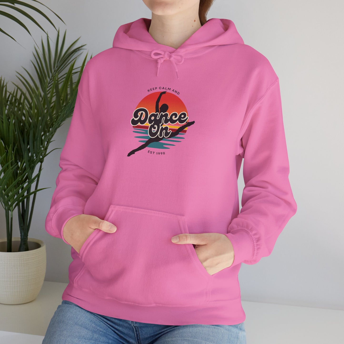 “Keep Calm and Dance On” Retro Hoodie – Unisex Dance-Inspired Hooded Sweatshirt for Dancers & Movement Lovers