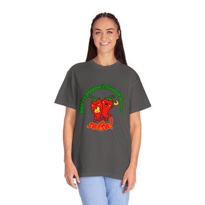 "What's a Pepper's Favorite Dance? Salsa!" Dance Pun Unisex Garment-Dyed T-Shirt – Funny Dance Joke Tee with Cute Pepper Graphic – Dance Humor Shirt for Food & Pun Lovers
