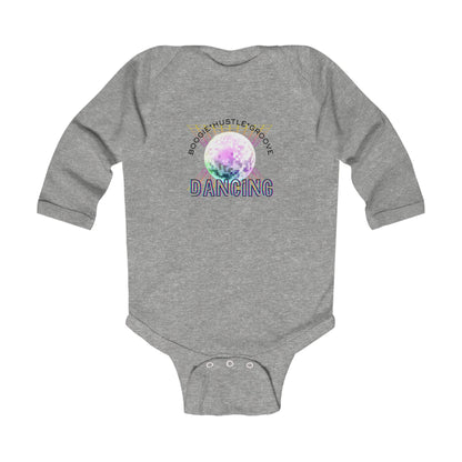 "Boogie, Hustle, Groove - Dancing" Infant Long Sleeve Bodysuit | Retro Dance Baby Onesie for Future Dancers