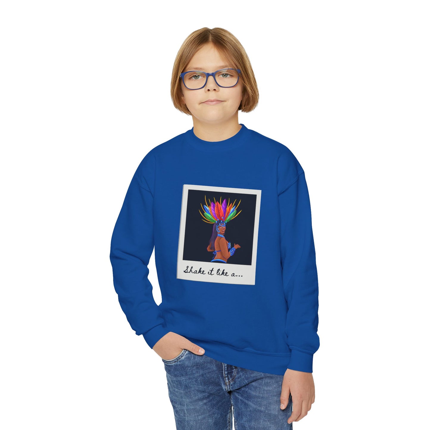 "Shake It Like a..." Youth Crewneck Sweatshirt – Carnival-Inspired Samba Dancer Graphic Pullover for Kids and Teens