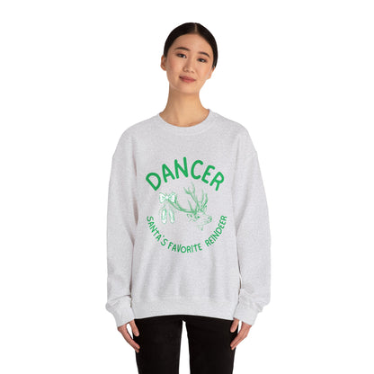 “Dancer, Santa’s Favorite Reindeer” ADULT SWEATSHIRT Unisex Heavy Blend Crewneck with Vintage Reindeer Graphic – Festive Christmas Dance Sweatshirt for Dancers & Holiday Events