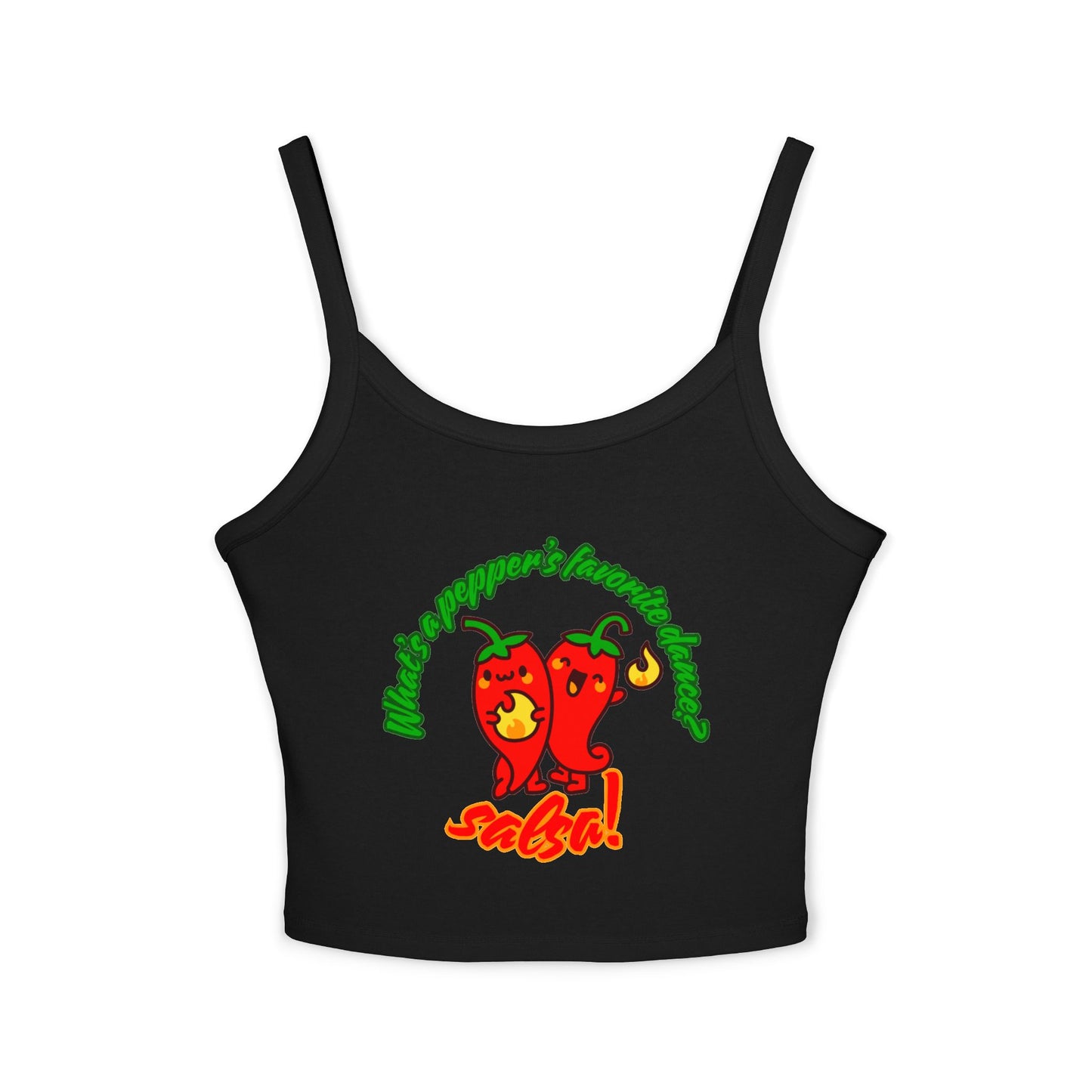 "What’s a Pepper’s Favorite Dance? Salsa!" Women’s Spaghetti Strap Tank Top – Cute Pepper Graphic | Funny Dance Pun Shirt for Dancers & Food Lovers