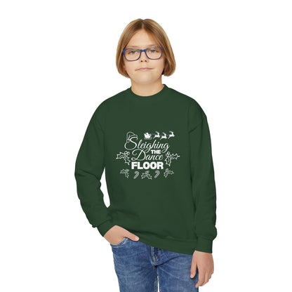 “Sleighing the Dance Floor” YOUTH SWEATSHIRT  Crewneck with Santa’s Sleigh and Reindeer – Festive Christmas Dance Sweatshirt for Kids and Young Dancers