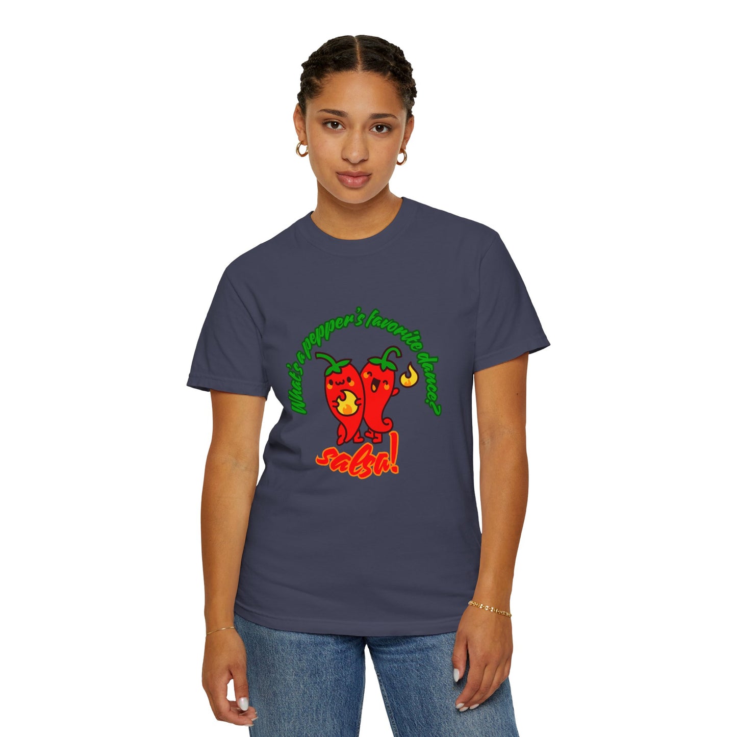 "What's a Pepper's Favorite Dance? Salsa!" Dance Pun Unisex Garment-Dyed T-Shirt – Funny Dance Joke Tee with Cute Pepper Graphic – Dance Humor Shirt for Food & Pun Lovers