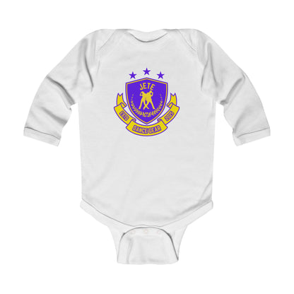 "Jeté Dance Gear" Infant Long Sleeve Bodysuit – Collegiate-Inspired Dance Graphic Baby Outfit for Future Dancers