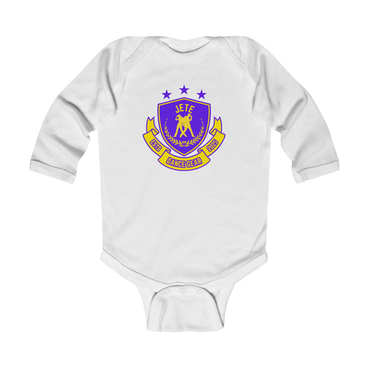 "Jeté Dance Gear" Infant Long Sleeve Bodysuit – Collegiate-Inspired Dance Graphic Baby Outfit for Future Dancers