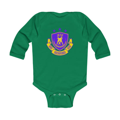 "Jeté Dance Gear" Infant Long Sleeve Bodysuit – Collegiate-Inspired Dance Graphic Baby Outfit for Future Dancers
