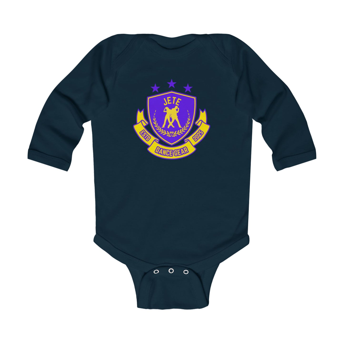 "Jeté Dance Gear" Infant Long Sleeve Bodysuit – Collegiate-Inspired Dance Graphic Baby Outfit for Future Dancers