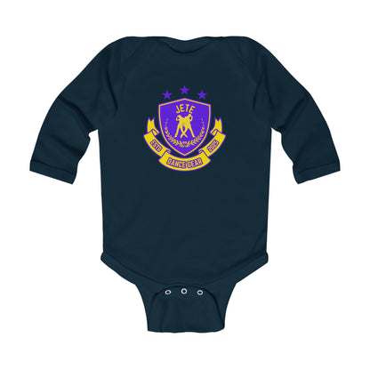 "Jeté Dance Gear" Infant Long Sleeve Bodysuit – Collegiate-Inspired Dance Graphic Baby Outfit for Future Dancers